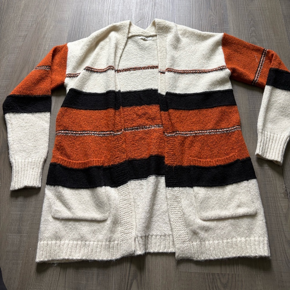 Maurices Cream, Orange & Black Striped Open Cardigan